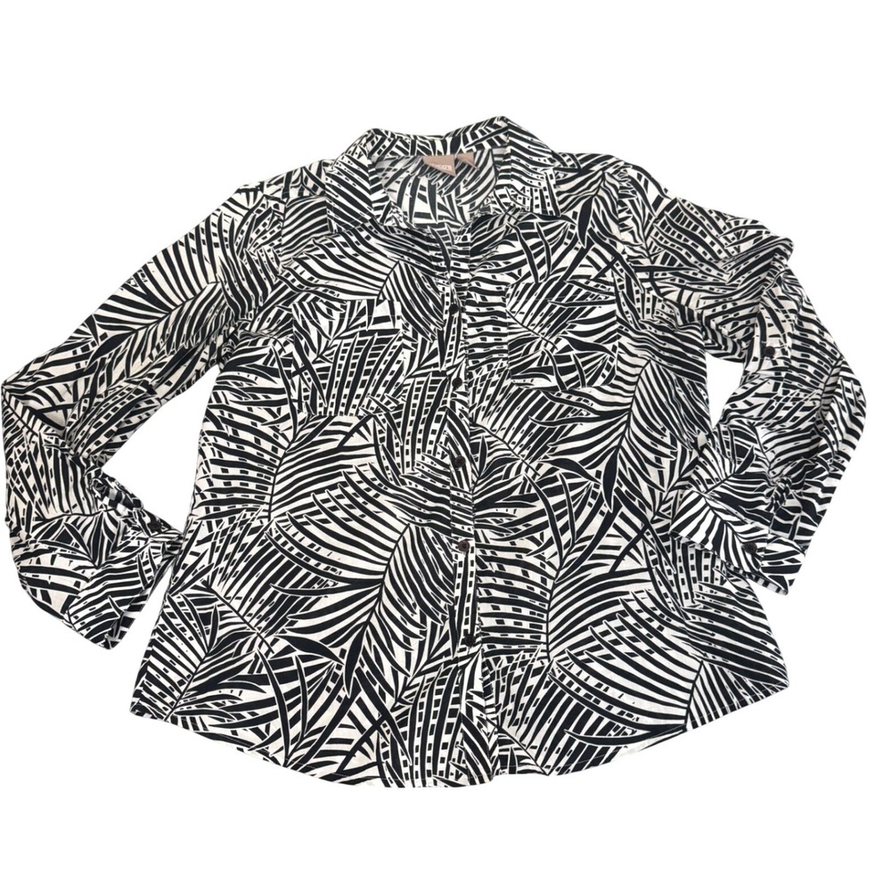 Chico's Button Up Shirt Sz 2 Tropical Palm‎ Print Cotton Long Sleeve Black White
